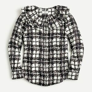 J Crew Collection Silk Twill Ruffle-Collar Top Houndstooth Plaid